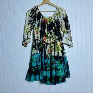 Natural Life Berkeley Boho Floral Tie-Dye Tunic Dress - Black, Cream, Teal NWT M